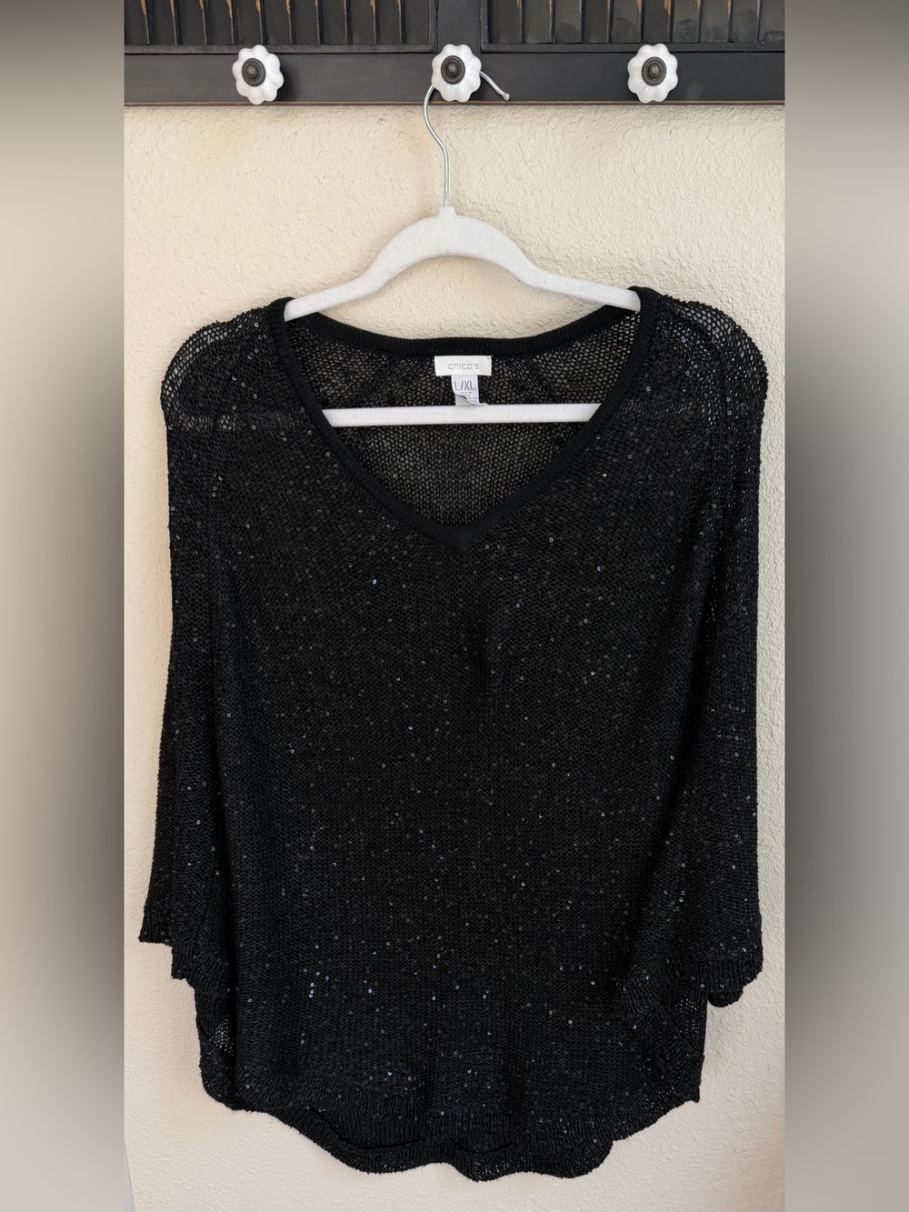 EUC Chicos Black Sequin Loose Weave Poncho Size L/XL